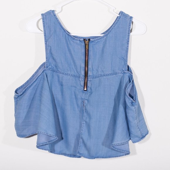 Guess A-Line Ruffle Off The Shoulder Chambray Top Color: Blue Size: M - Picture 5 of 9